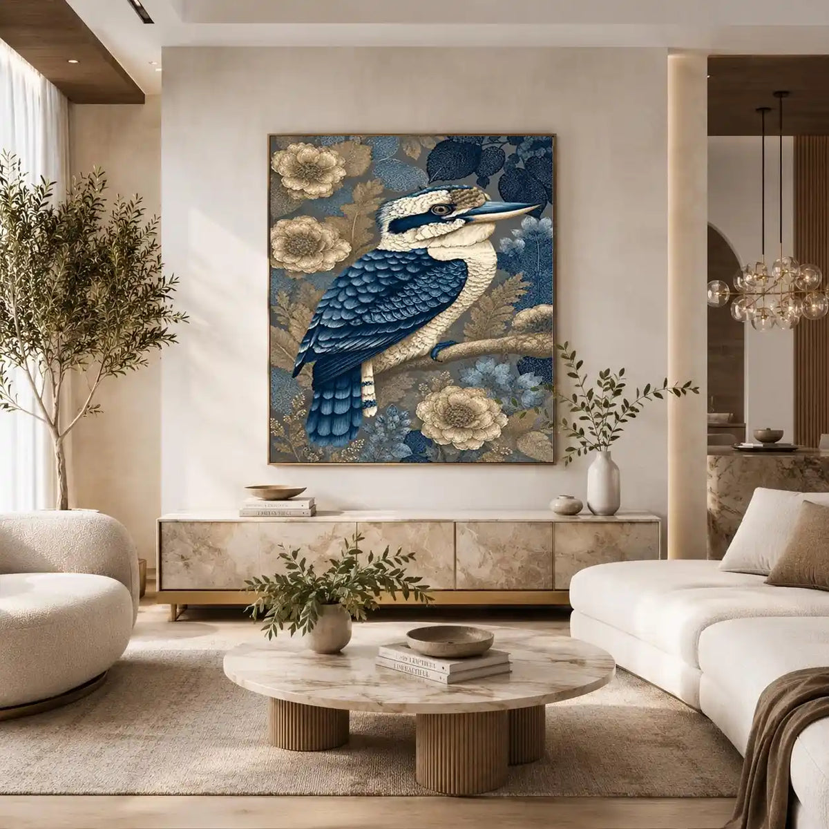 Blue kookaburra canvas print with botanical detail for elegant room decor.