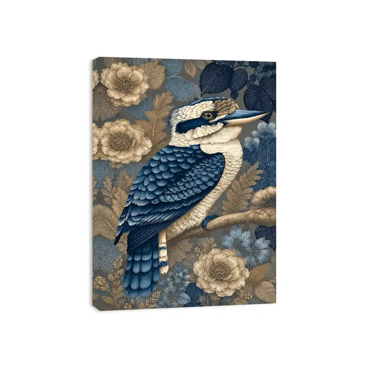 Blue kookaburra canvas print with botanical detail for elegant room decor.