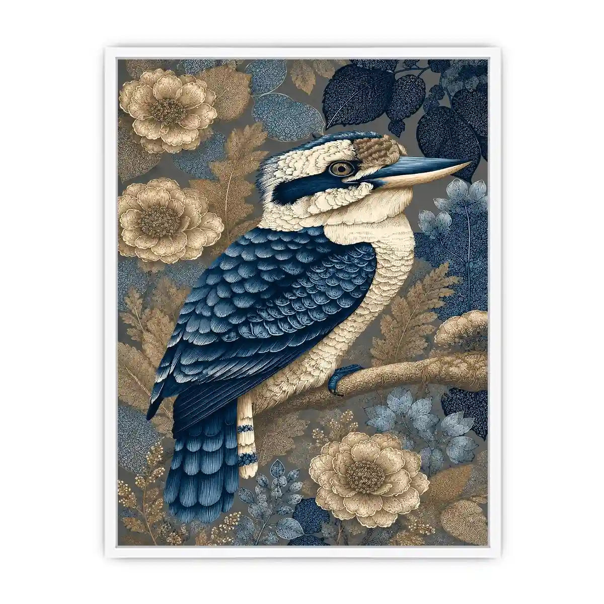 Blue kookaburra canvas print with botanical detail for elegant room decor.