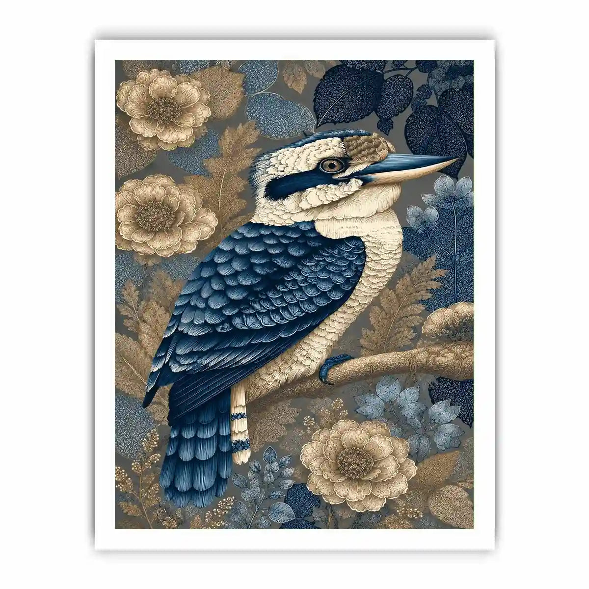 Blue kookaburra canvas print with botanical detail for elegant room decor.