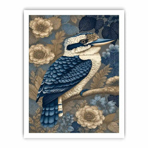 Blue kookaburra canvas print with botanical detail for elegant room decor.