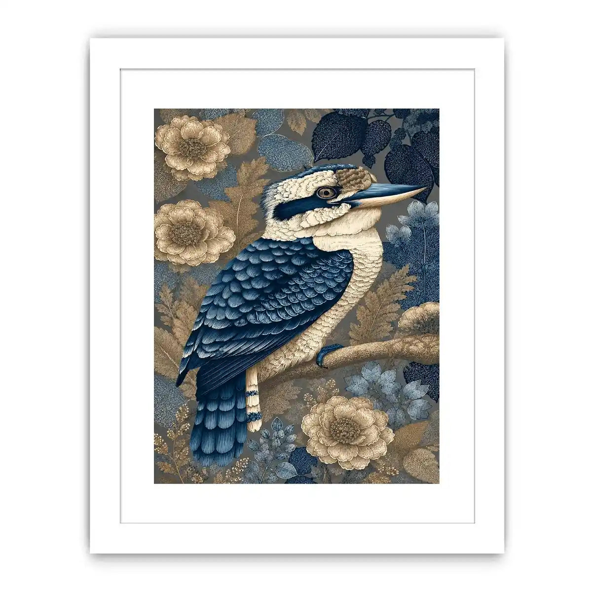 Blue kookaburra canvas print with botanical detail for elegant room decor.