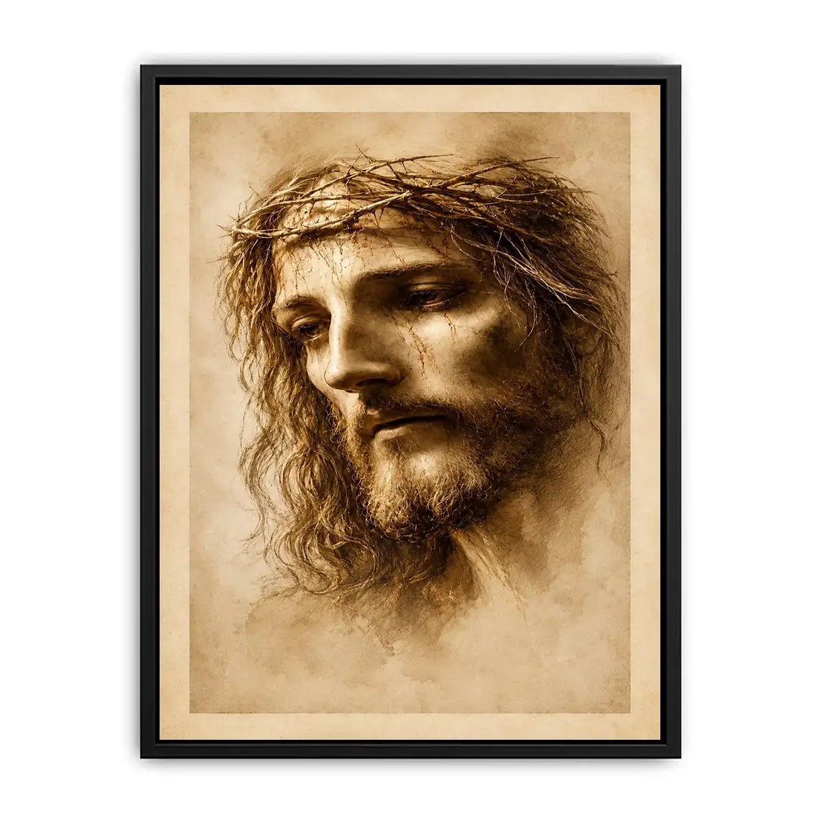 Sepia Jesus portrait canvas art for peaceful spiritual home decor.