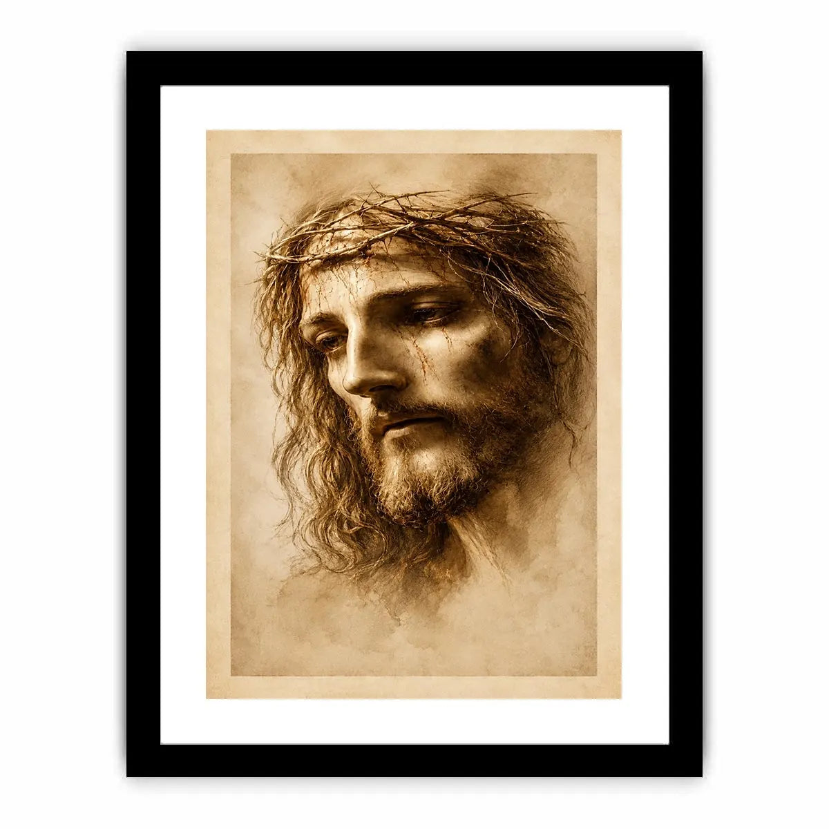 Sepia Jesus portrait canvas art for peaceful spiritual home decor.