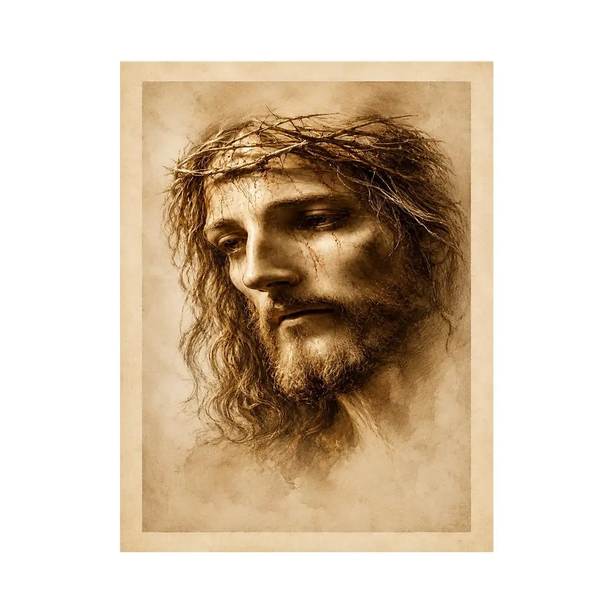 Sepia Jesus portrait canvas art for peaceful spiritual home decor.
