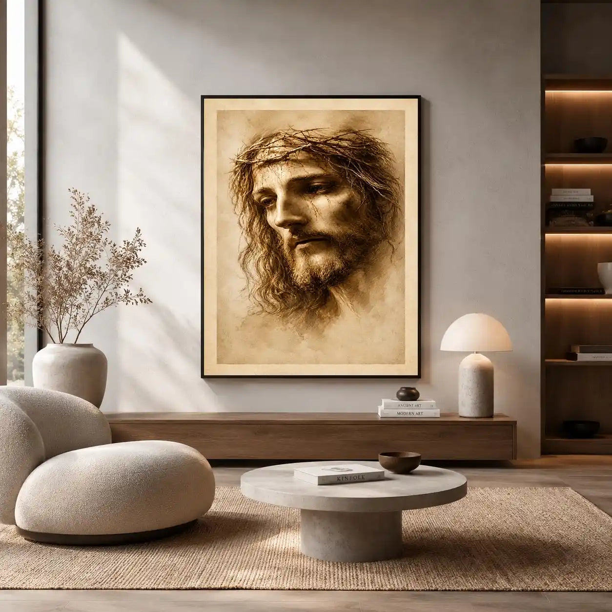 Sepia Jesus portrait canvas art for peaceful spiritual home decor.