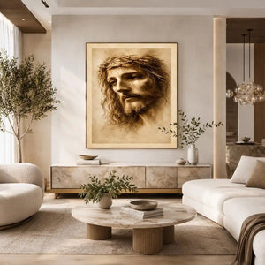 Sepia Jesus portrait canvas art for peaceful spiritual home decor.