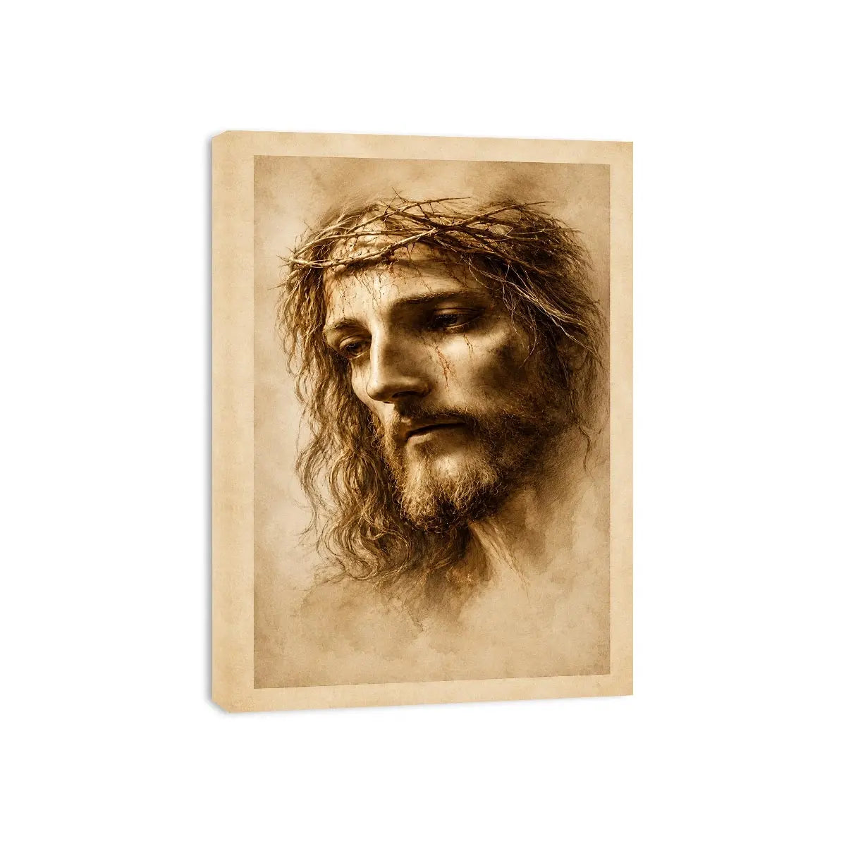 Sepia Jesus portrait canvas art for peaceful spiritual home decor.