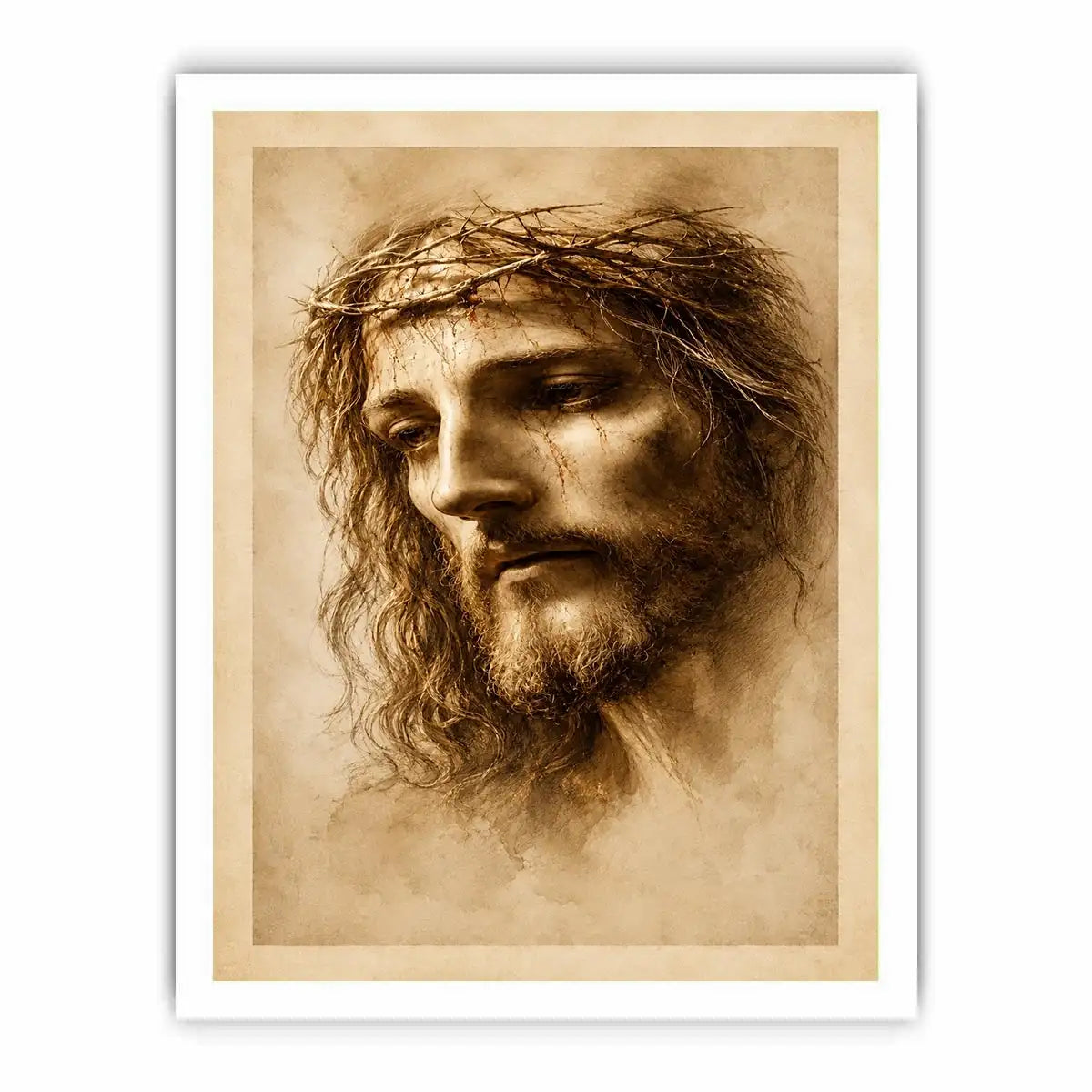 Sepia Jesus portrait canvas art for peaceful spiritual home decor.