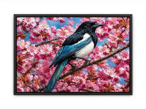 Blue bird among pink blossoms canvas print for elegant bedroom decor.