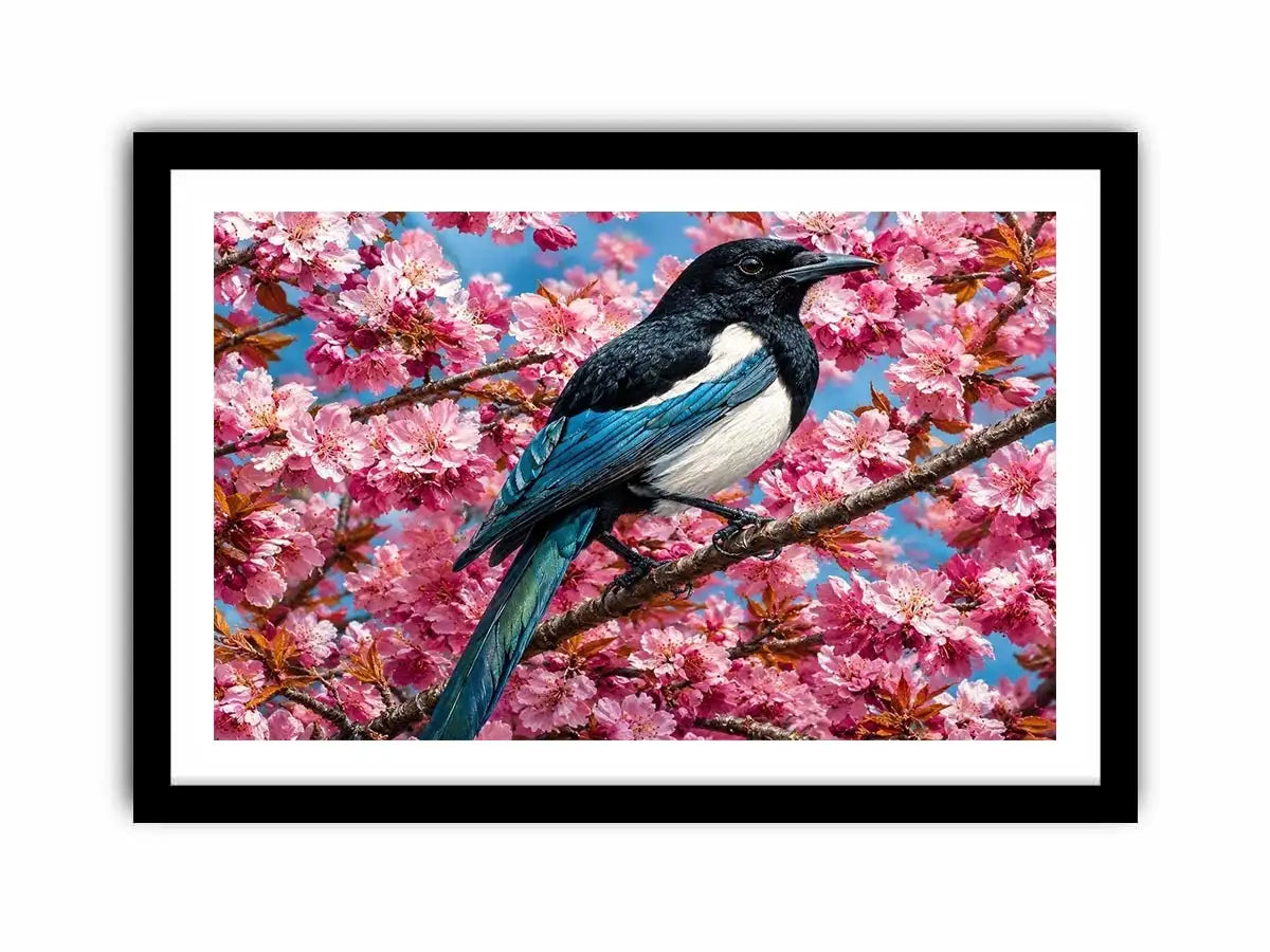 Blue bird among pink blossoms canvas print for elegant bedroom decor.