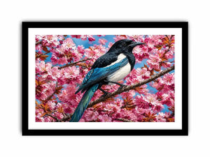 Blue bird among pink blossoms canvas print for elegant bedroom decor.