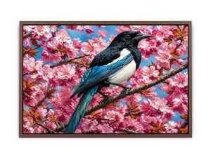 Blue bird among pink blossoms canvas print for elegant bedroom decor.