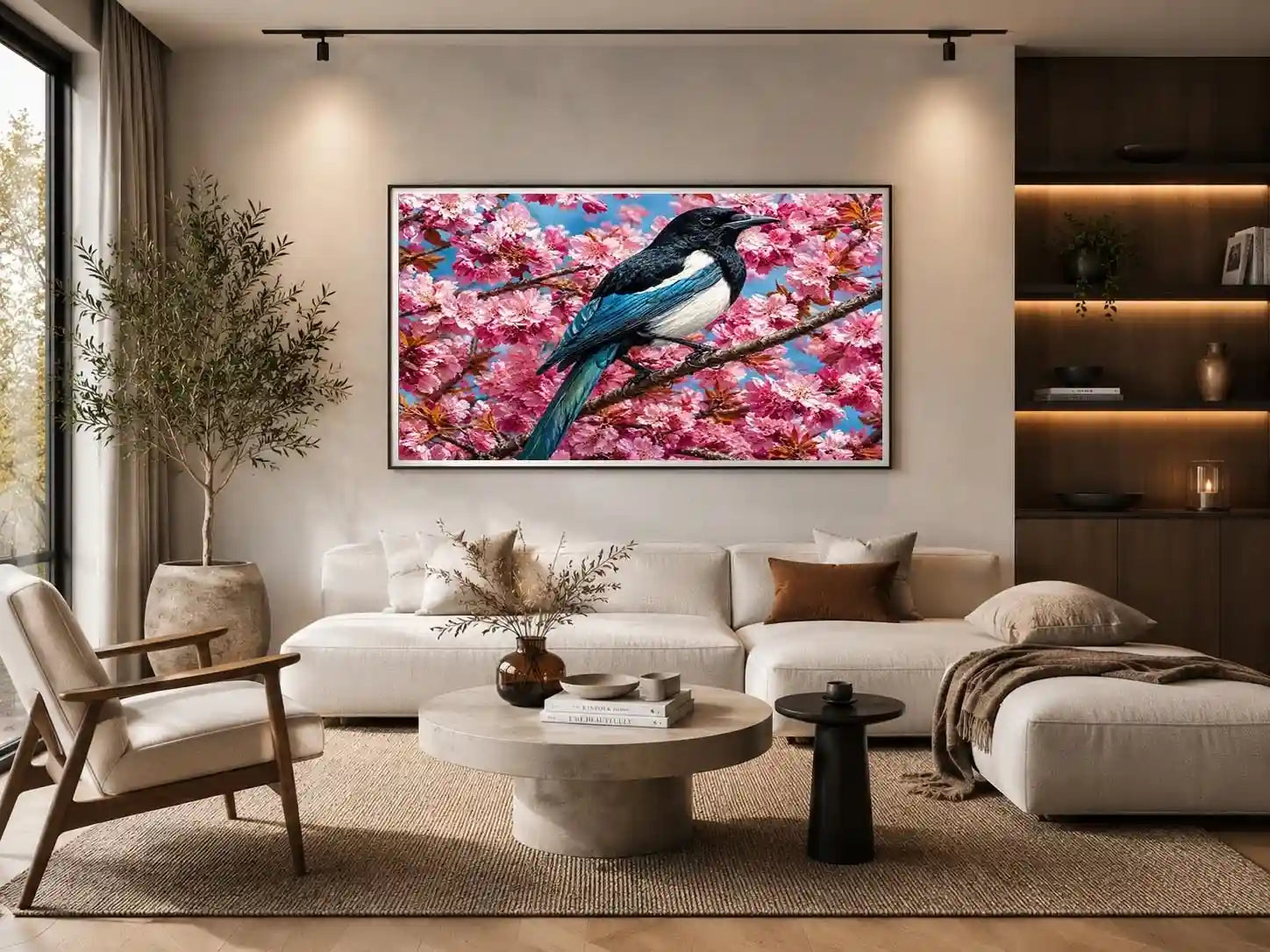 Blue bird among pink blossoms canvas print for elegant bedroom decor.