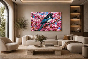 Blue bird among pink blossoms canvas print for elegant bedroom decor.