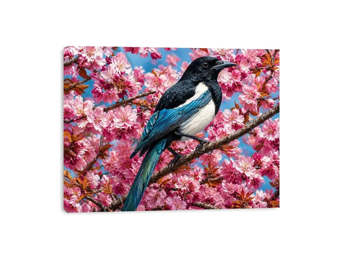 Blue bird among pink blossoms canvas print for elegant bedroom decor.