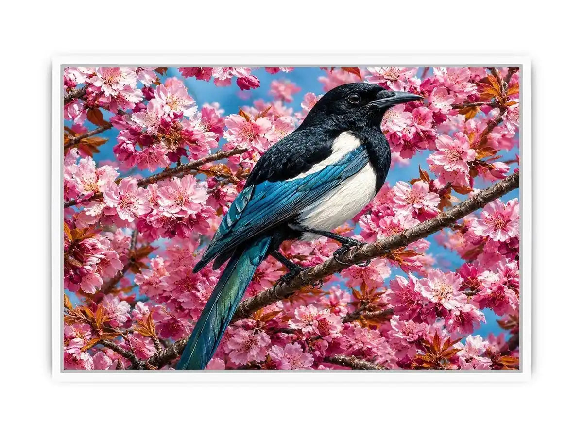 Blue bird among pink blossoms canvas print for elegant bedroom decor.