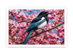 Blue bird among pink blossoms canvas print for elegant bedroom decor.