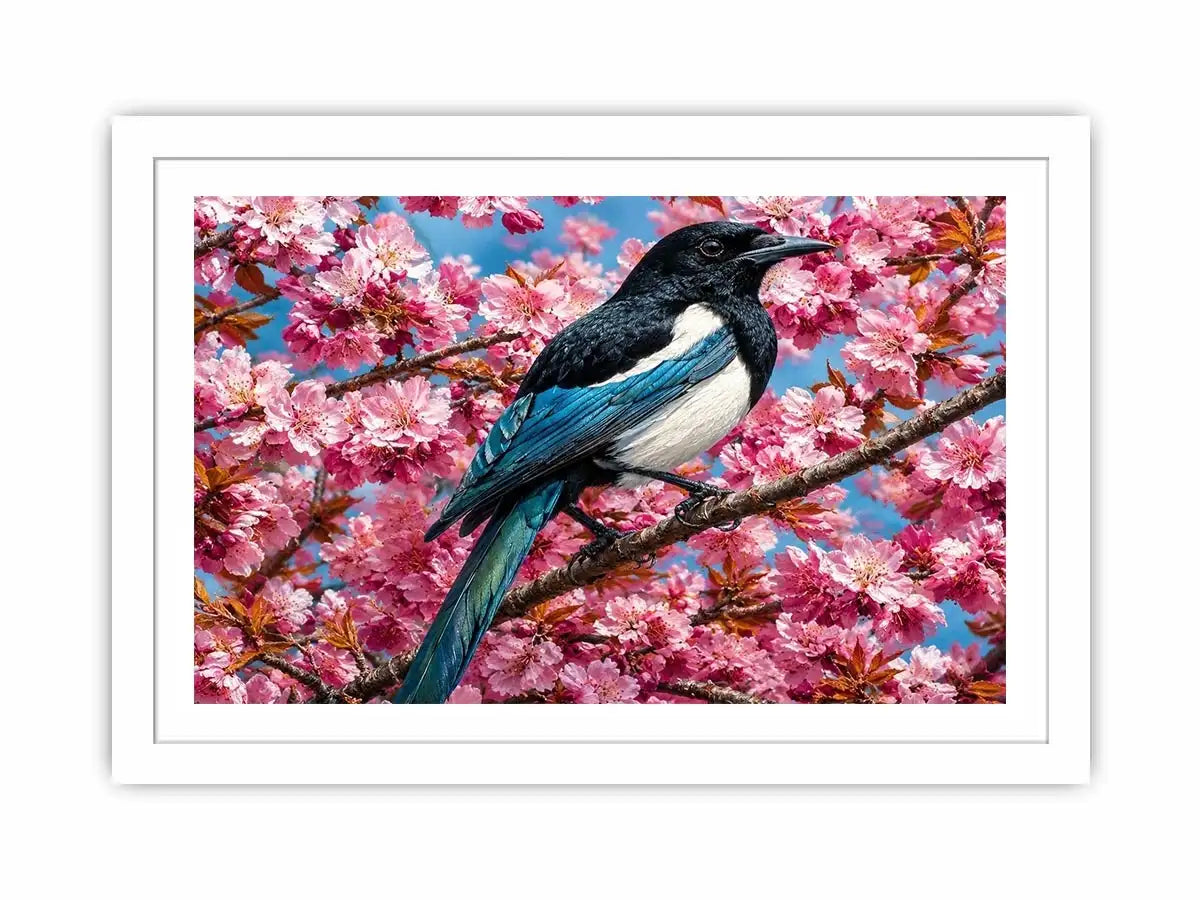 Blue bird among pink blossoms canvas print for elegant bedroom decor.