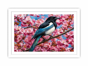 Blue bird among pink blossoms canvas print for elegant bedroom decor.