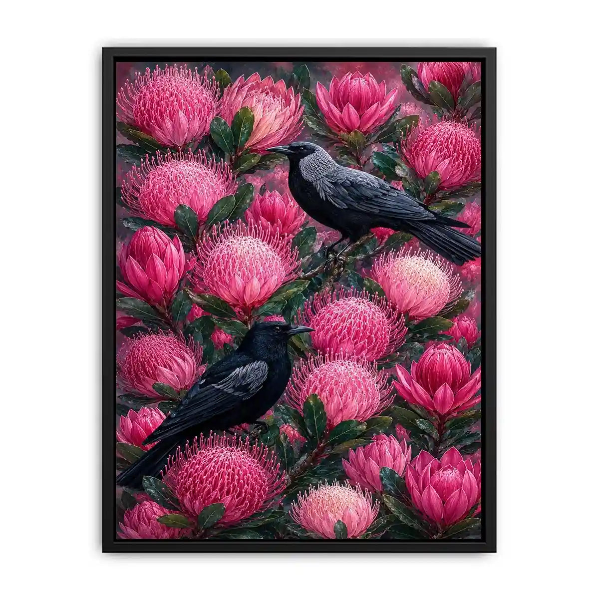 Australian bird and pink native floral canvas wall art for living room decor.