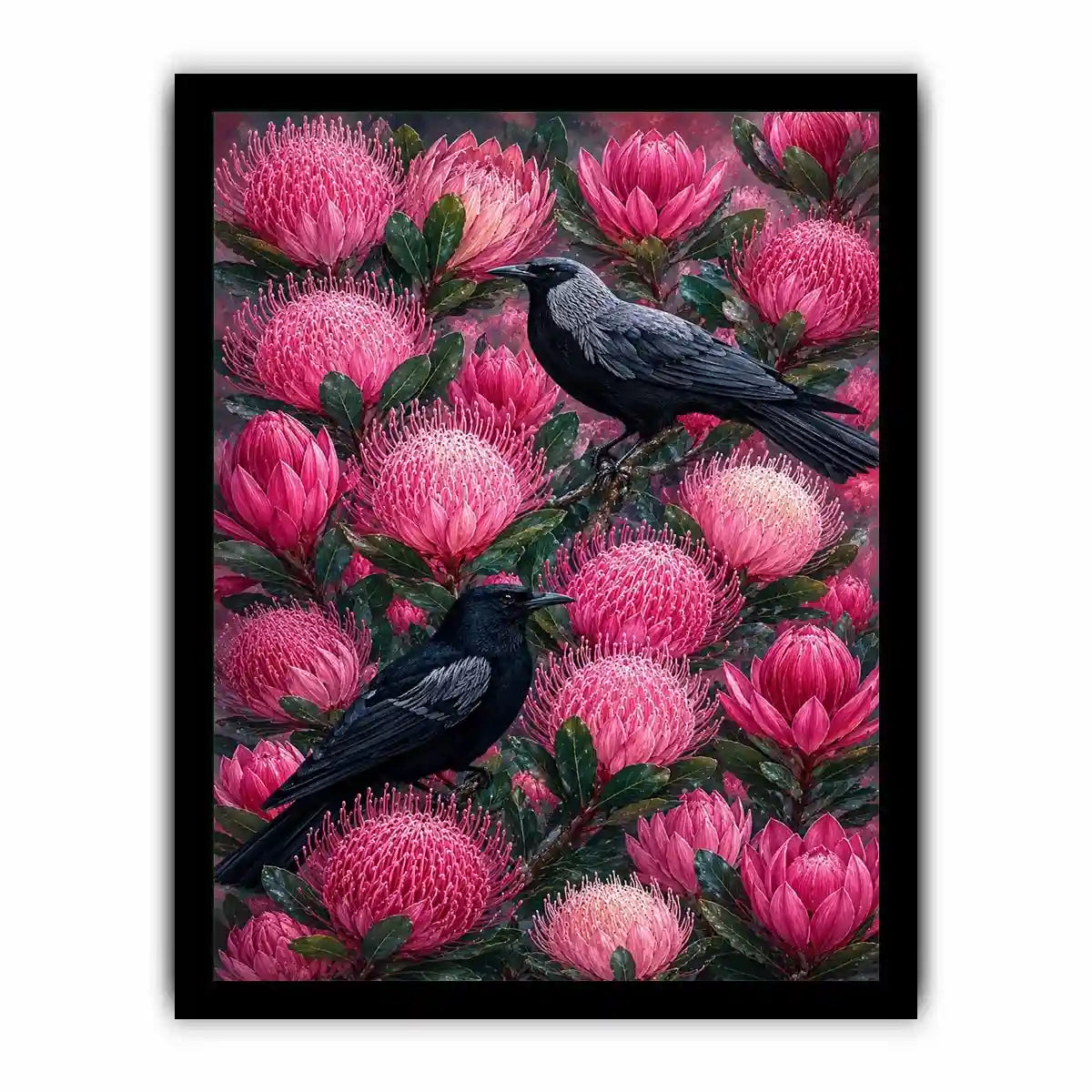 Australian bird and pink native floral canvas wall art for living room decor.