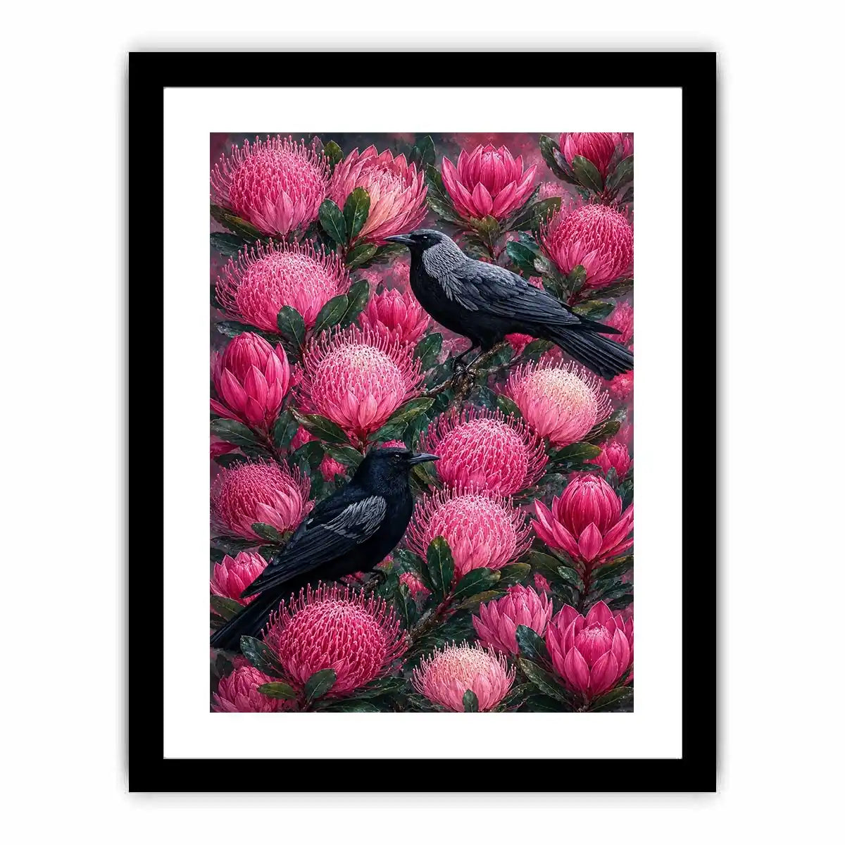 Australian bird and pink native floral canvas wall art for living room decor.
