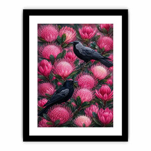 Australian bird and pink native floral canvas wall art for living room decor.