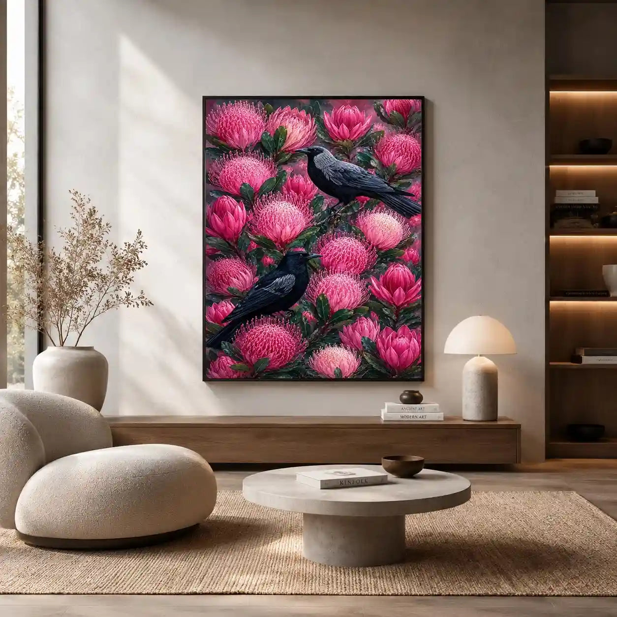 Australian bird and pink native floral canvas wall art for living room decor.