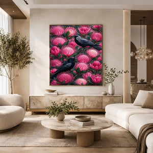 Australian bird and pink native floral canvas wall art for living room decor.