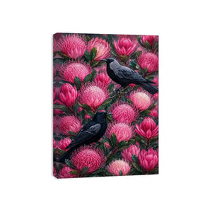 Australian bird and pink native floral canvas wall art for living room decor.