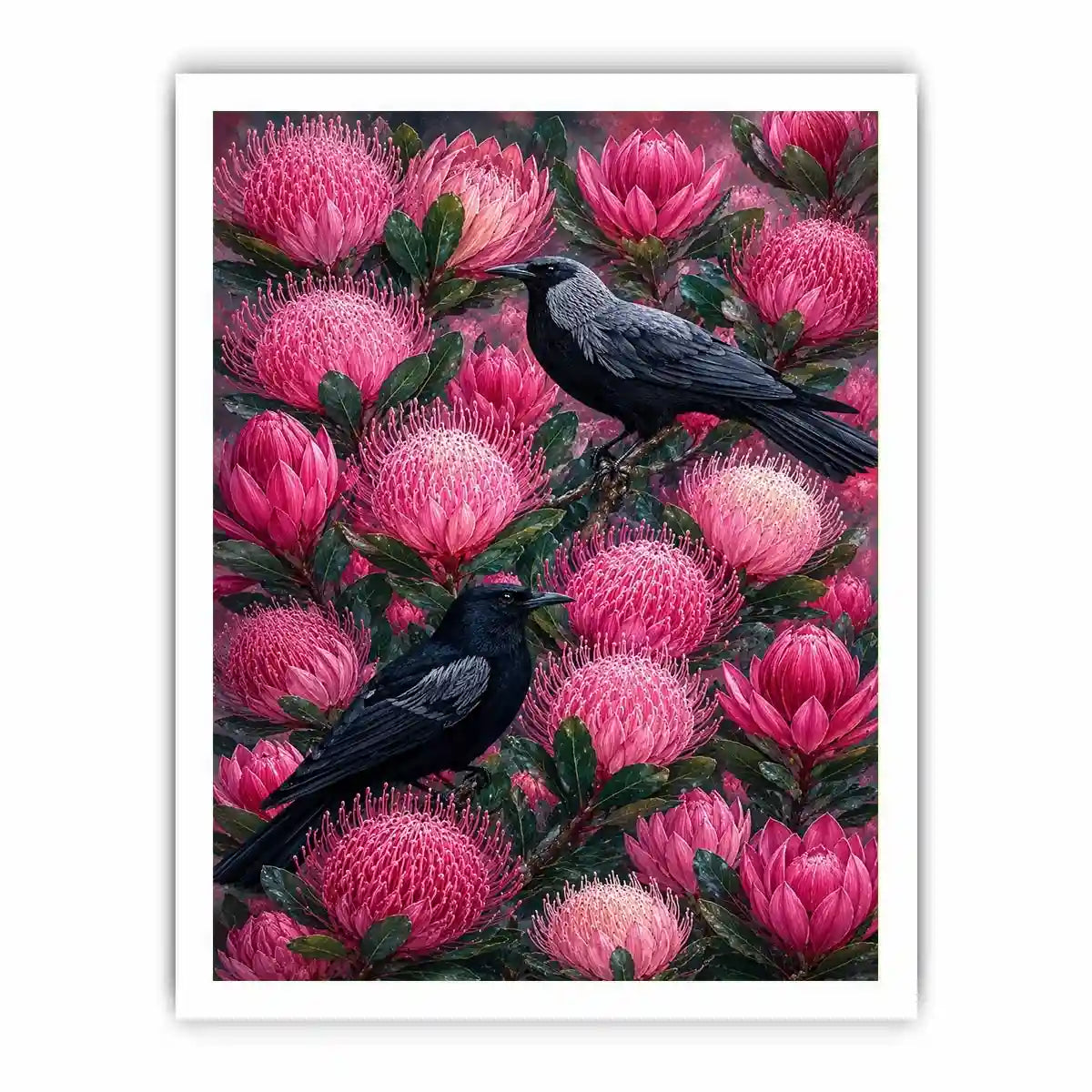 Australian bird and pink native floral canvas wall art for living room decor.
