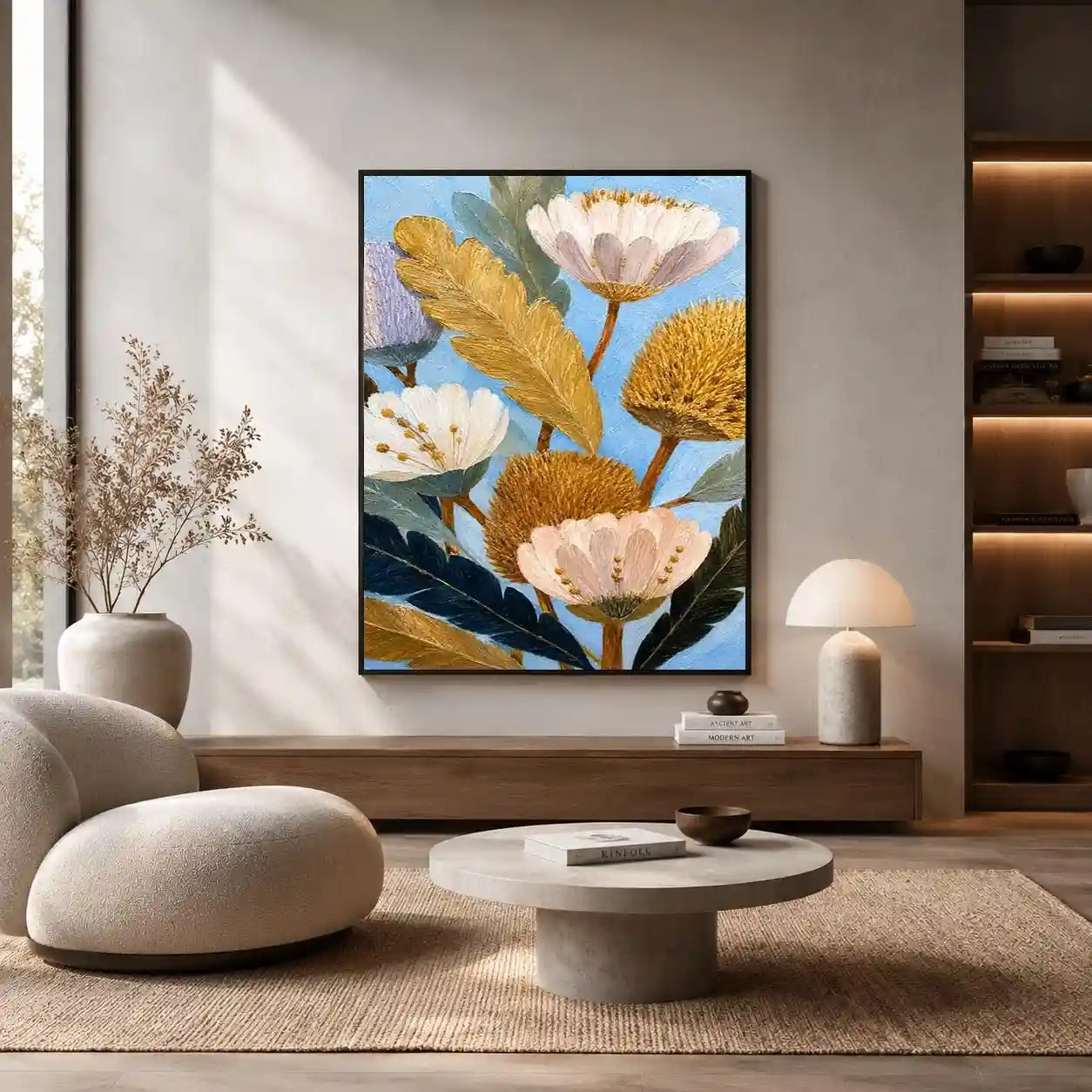 Golden banksia botanical canvas print for calm modern bedroom decor.
