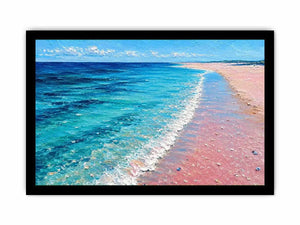 Turquoise beach shoreline canvas art for coastal living room decor.