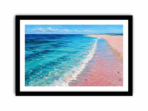 Turquoise beach shoreline canvas art for coastal living room decor.