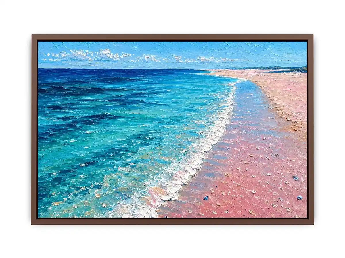 Turquoise beach shoreline canvas art for coastal living room decor.