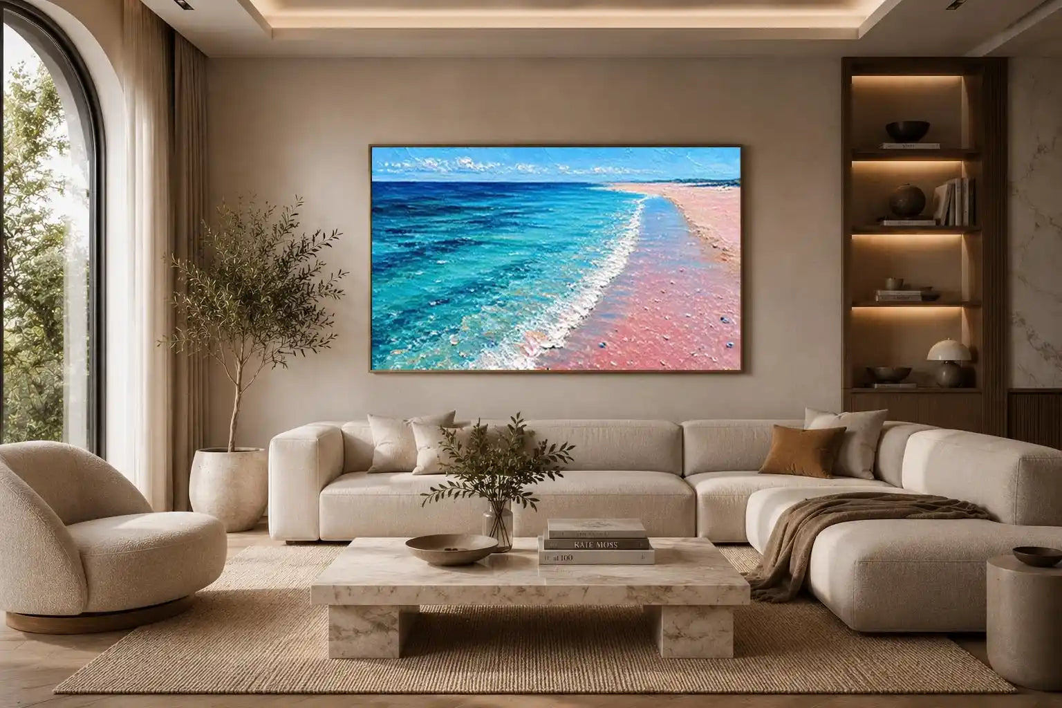Turquoise beach shoreline canvas art for coastal living room decor.