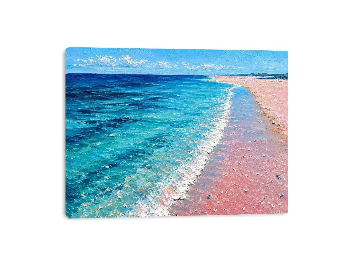 Turquoise beach shoreline canvas art for coastal living room decor.