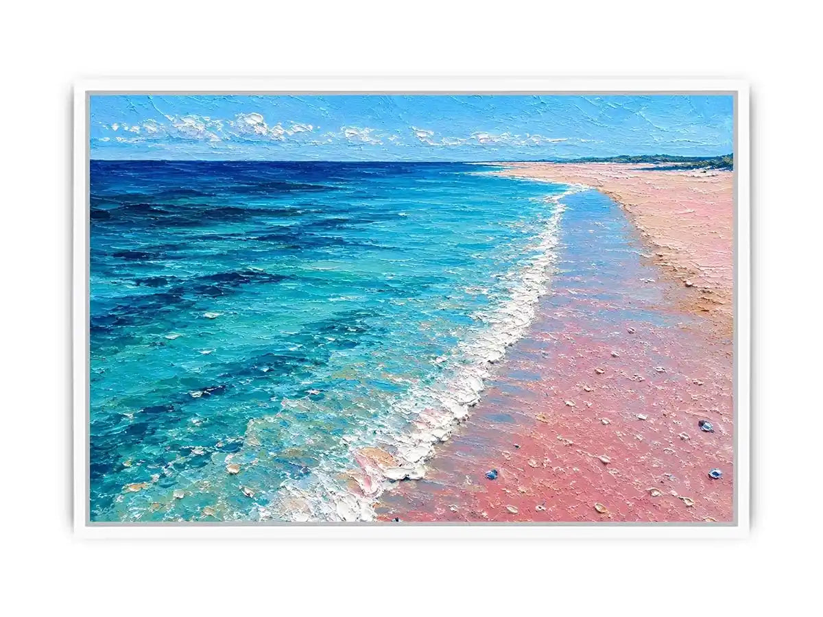 Turquoise beach shoreline canvas art for coastal living room decor.