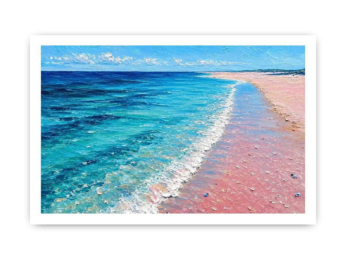 Turquoise beach shoreline canvas art for coastal living room decor.