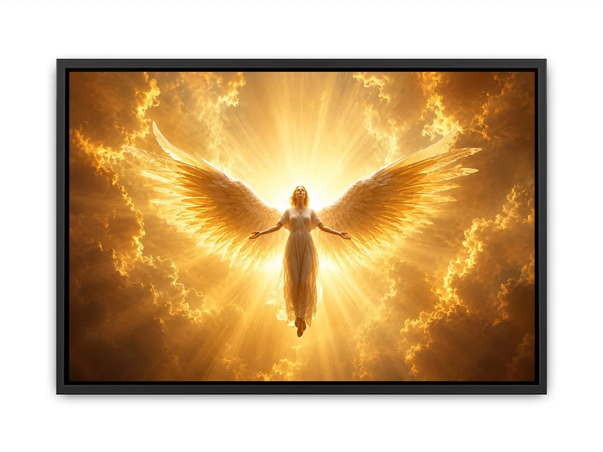 Golden angel canvas wall art for spiritual living room decor.