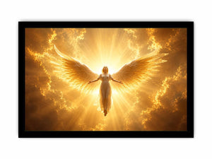 Golden angel canvas wall art for spiritual living room decor.