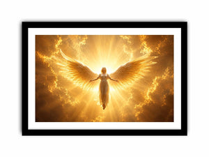 Golden angel canvas wall art for spiritual living room decor.