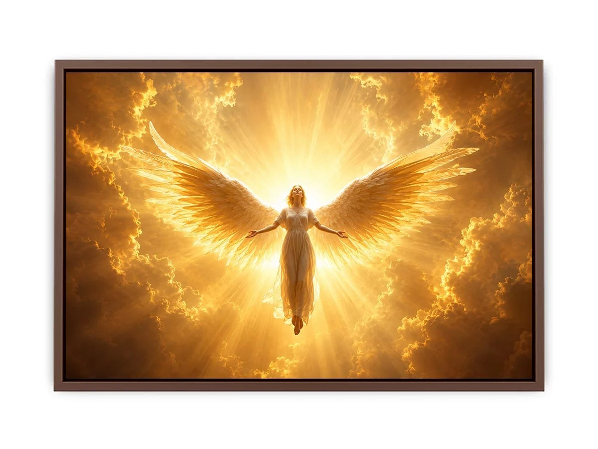 Golden angel canvas wall art for spiritual living room decor.