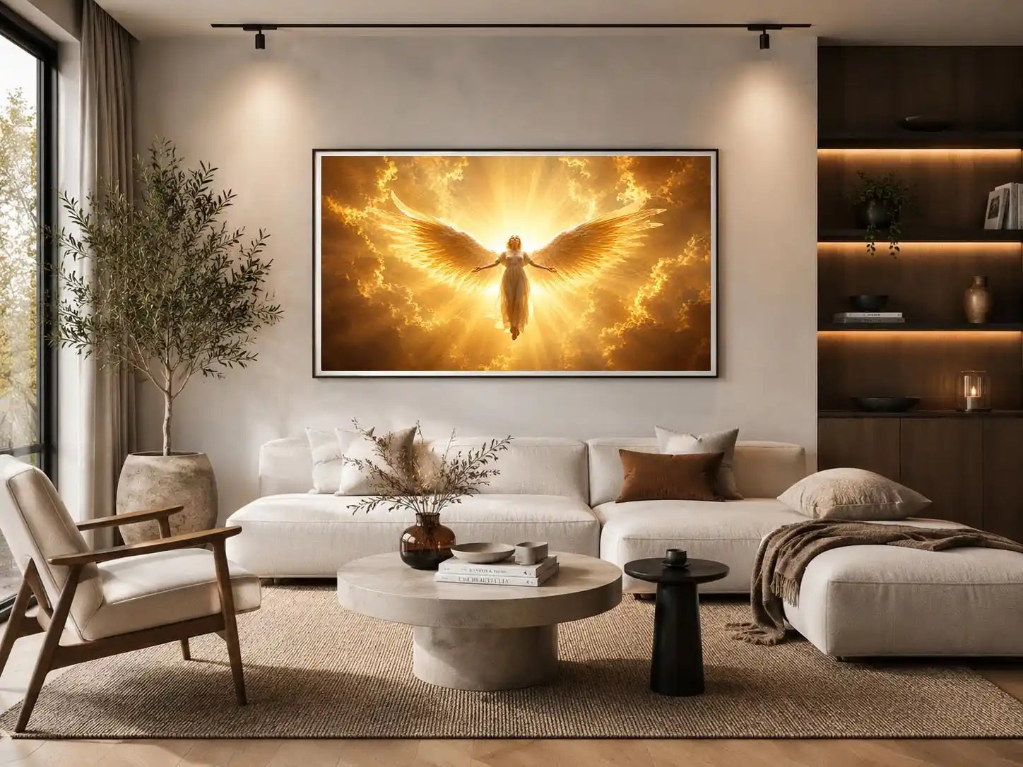 Golden angel canvas wall art for spiritual living room decor.
