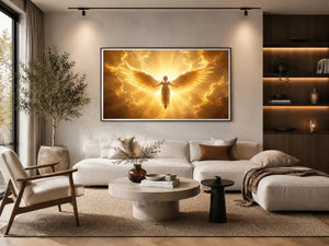 Golden angel canvas wall art for spiritual living room decor.