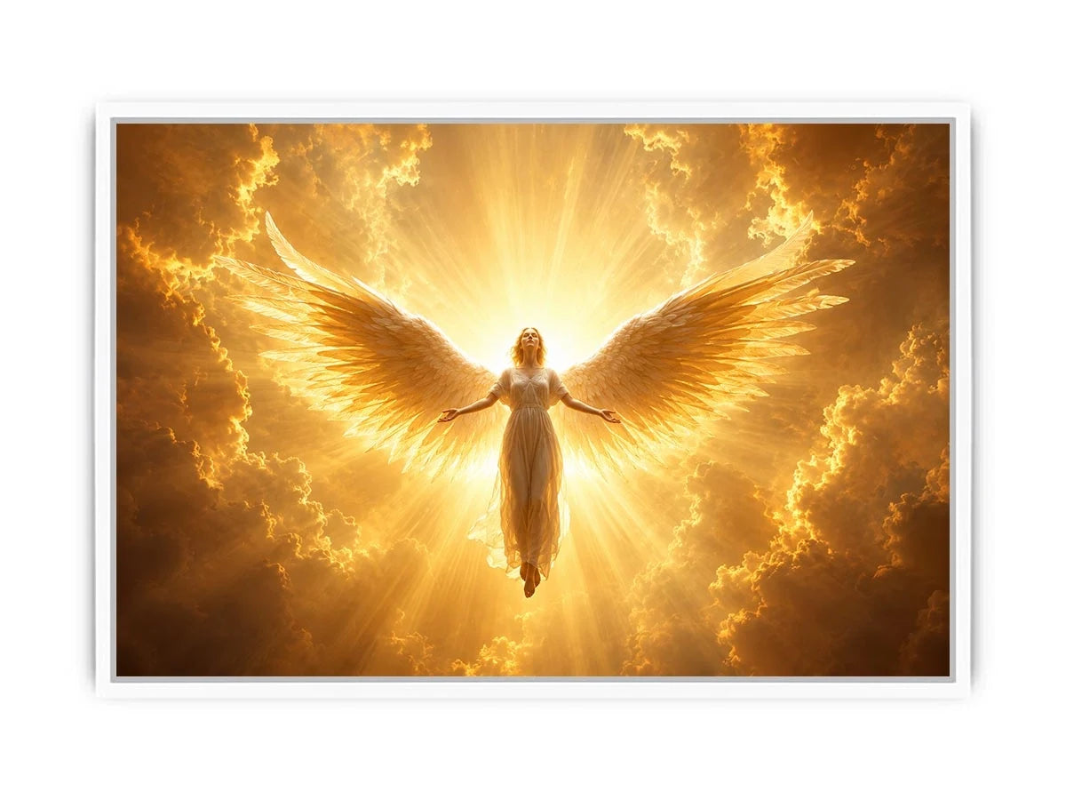 Golden angel canvas wall art for spiritual living room decor.