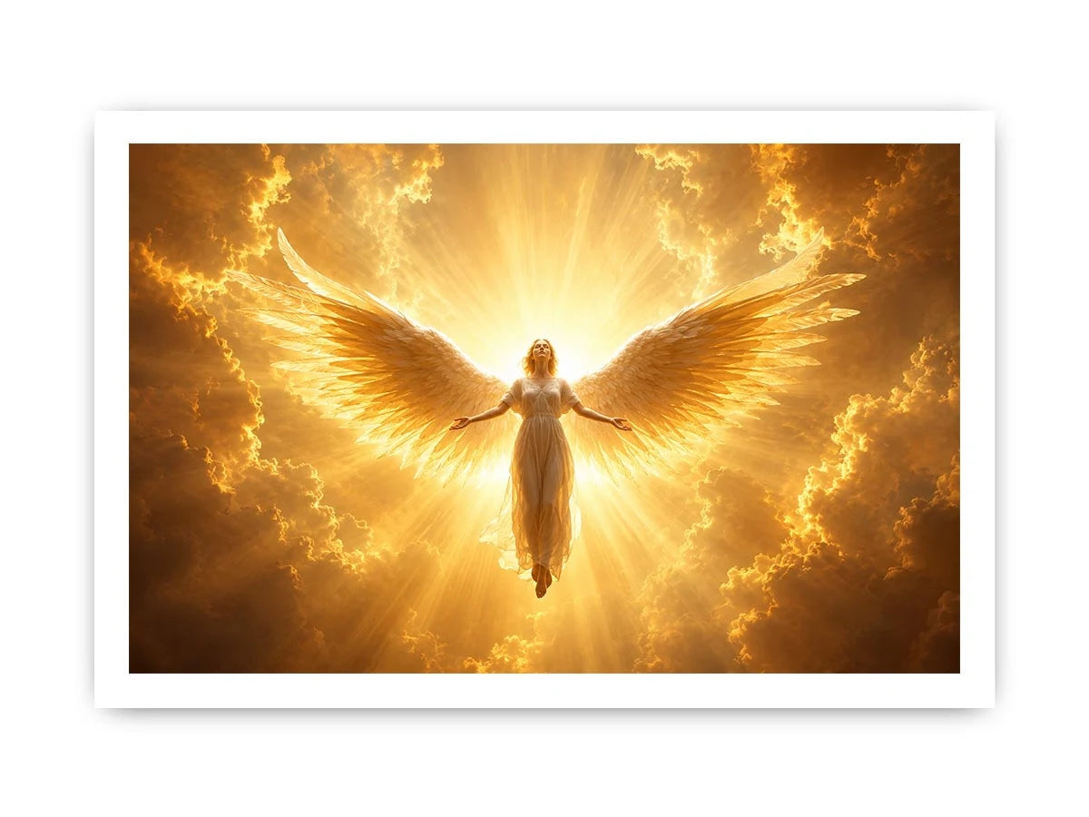 Golden angel canvas wall art for spiritual living room decor.