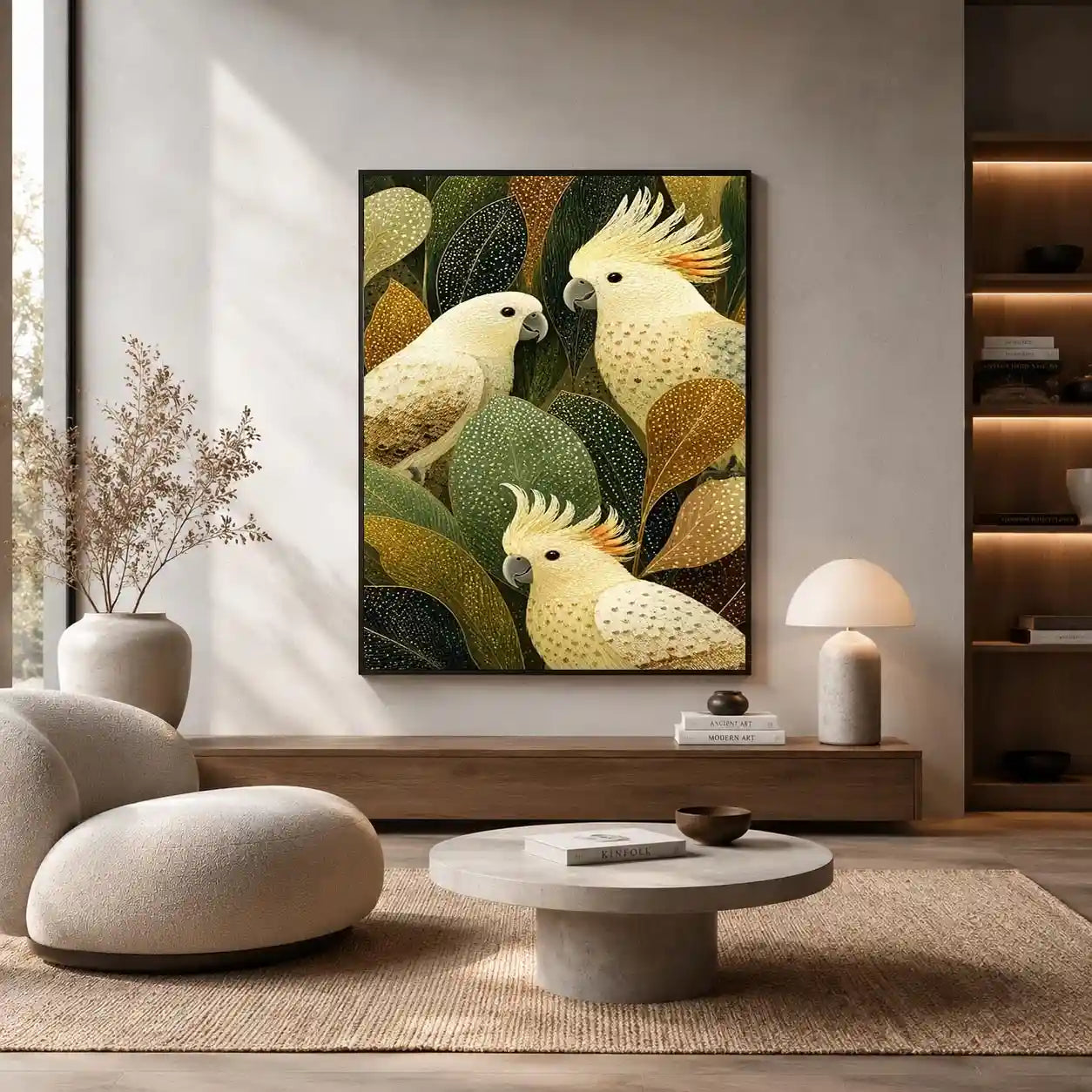 Cockatoo botanical canvas wall art for modern living room decor.