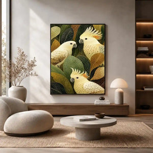 Cockatoo botanical canvas wall art for modern living room decor.
